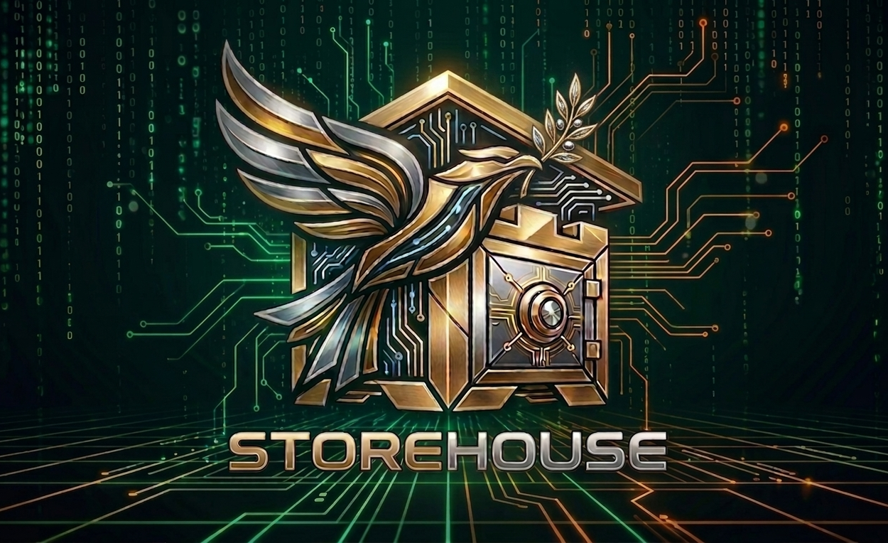 Storehouse — a dove bearing an olive branch over a vault, wired into the Arc network